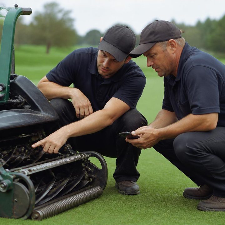 Two greenkeepers inspecting a mower cutting unit together