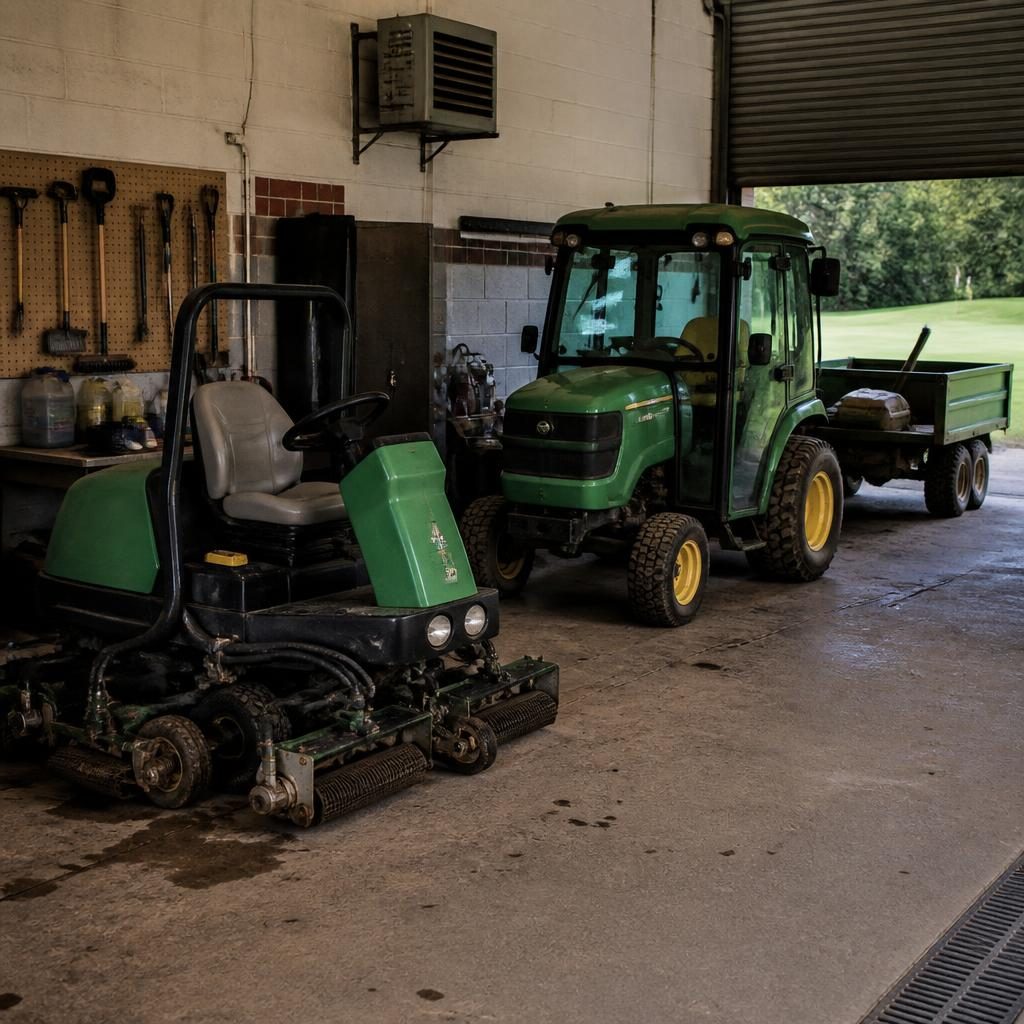 Turf machines parked in a greenkeeping maintenance shed